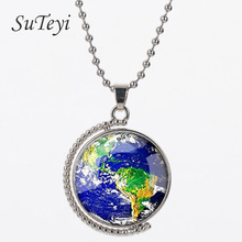 SUTEYI Earth World Map Double Sided Rotatable Necklace Vintage Globe Planet Glass Dome Cabochon Pendant Necklaces Jewellery 2024 - buy cheap