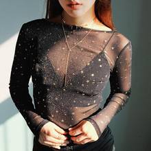 2020 Women New Fashion Sexy Solid See-through Shiny Stars Sequin Sheer Long-Sleeve Mesh Slim Top Shirts Hot 2024 - buy cheap