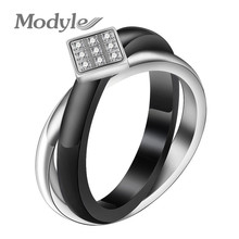 Modyle 2 layers Black/White Ceramic Crystal Wedding Rings Jewelry Silver Color Stainless Steel Rhinestone Engagement Ring Woman 2024 - buy cheap