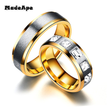 Madapte anel de noivado para casal, anel de casamento dourado e da moda com zircônia cúbica, em aço inoxidável, aliança de casamento para amantes 2024 - compre barato
