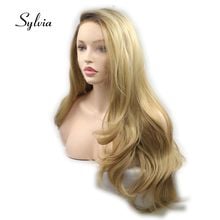 Длинные смешанные светлые парики Sylvia, волнистые волосы для женщин, синтетический парик на сетке спереди с коричневыми корнями, боковая часть, тепловое волокно 2024 - купить недорого