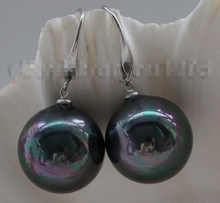 shipping Natural 16mm Black Round Shell Pearl Earrings 925 hook #f2076! 2024 - buy cheap