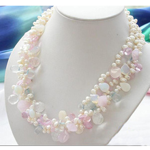 Fashion Women Pearl Jewellery,3 Rows 18'' White Color Freshwater Pearl Pink Crystal Opal Drip Necklace,New Free Shipping 2024 - buy cheap