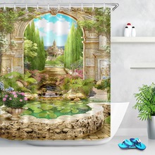 Cortinas de ducha con arco italiano antiguo con flores cerca del lago, cortina de baño escénica, tela impermeable para bañera, decoración del hogar 2024 - compra barato