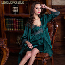 Silk Pajama Robe-707/100% Natural Silk Charmeuse 19 momme/2015 New Summer Style Great Silk Nightdress Set with Beauty Lace 2024 - buy cheap