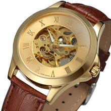 Forsining relógio automático marca clássico retrô design esqueleto dourado números romanos marrom couro genuíno masculino mecânico de luxo 2024 - compre barato
