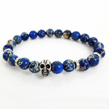 2017 High Grade Mens Jewelry Retail 8mm Blue Sea Sediment Stone Bead with Antique Silver-color Skull Bracelets, Yoga Bracelet 2024 - buy cheap