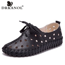 Drkanol 2021 primavera verão sapatos femininos de couro genuíno artesanal costura mulher plana respirável buraco redondo casual apartamentos mulher 2024 - compre barato