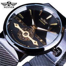 Winner-Reloj de pulsera mecánicos con manecillas luminosas, correa de malla negra y dorada, resistente al agua, de negocios, de lujo, 2019 2024 - compra barato