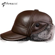 Fibonacci boné de beisebol masculino de couro legítimo, boné quente e grosso de veludo com aba para orelha, chapéu de meia-idade do papai 2024 - compre barato