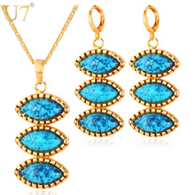 U7 Turkish Jewelry Set For Women 3 Horse Eyes Gold Color Blue Stone Jewelry Trendy Earrings Necklace Set For Women S696 2024 - buy cheap