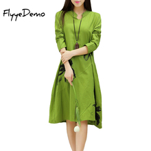 2021 Summer Autumn Fashion Women Clothing Loose Dress National Style Green Red Printed Long Sleeve Cotton Linen Dresses Female 2024 - buy cheap