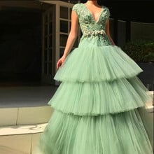 Modern Mint Green Ball Gown Evening Formal Dresses Appliques Beaded Tulle Party Dresses Celebrity Gowns Ruffled Long Prom Wear 2024 - buy cheap