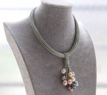 Collar de perlas de 15 filas, joyería hecha a mano, elegante, de cuero gris, blanco, rosa, gris, negro 2024 - compra barato