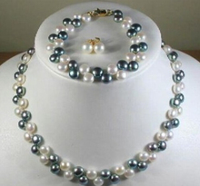 Красиво! 2 ряда 7-8 мм черный белый жемчуг ожерелье браслет серьги набор 2024 - купить недорого
