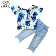 Hot Fasion Baby Girls Clothes Set Summer Toddler Kids Floral Off Shoulder Tops T-shirt Denim Pants Jeans Leggings Outfits 2024 - buy cheap