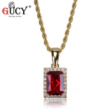 GUCY Hip Hop Big Red Stone Pendant Necklace All Iced Out Micro Pave CZ Stones Rectangle Pendants Necklaces for Men Women 2024 - buy cheap