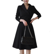 JSXDHK-vestido Swing grande de negocios para mujer, ropa Formal de trabajo con muescas negras, a la moda, de manga larga con fajas, primavera de 2019 2024 - compra barato