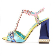 Women Heels 2018 Rome Style Mixed Colors Ankle T-Strap Women Sandals Peep Toe Studded Rivets Pearl Decor Heels Female Shoes 2024 - buy cheap