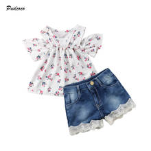 Комплект одежды Pudcoco для маленьких девочек, модный топ с открытыми плечами и цветочным рисунком + кружевные джинсовые шорты, комплект одежды из 2 предметов 2024 - купить недорого