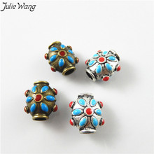 Julie Wang 10pcs Tibetan Silver Alloy Base Mix Bronze Tone Colorful Enamel Ethnic Bead for DIY BOHO Bracelet Earring Jewelry 2024 - buy cheap