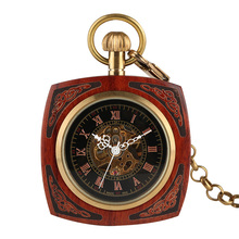 Reloj de bolsillo de madera de bambú real para hombre y mujer, pulsera mecánica cuadrada de lujo superior, manual, rojo, Retro, regalos de muñeca + cadena de oro de 30cm 2024 - compra barato
