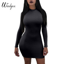 Wendywu Free Shipping 2017 Spring O-Neck Long Sleeve Sexy Back Lace Up Solid Black Bodycon Mini Dress 2024 - buy cheap