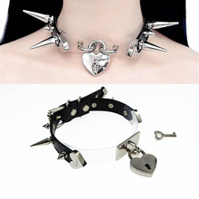 Cute Lolita Spikes Studs Handmade Leather Patchwork Collar Safe heart Lockable KEY Choker Necklace 2024 - buy cheap