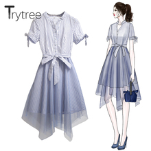 Платье-рубашка в полоску Trytree, розовое/синее Повседневное платье с поясом на кнопках, офисное платье А-силуэта с неровным сетчатым низом 2024 - купить недорого