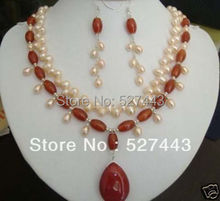 Wholesale free shipping >>Pretty Cultured Pearl Red stone Necklace Earrings Set 2024 - buy cheap