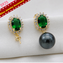 Waterdrop Design Green Rhinestones Pearl Earrings Holder S925 Sterling Silver Earrings Jewelry Fittings 3Pairs/Lot 2024 - buy cheap