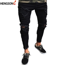 New Fashion Men Shredded Skinny Jeans Knee Ripped Hole Destroyed Distressed Pencil Stretchy Men's Jeans 2024 - buy cheap