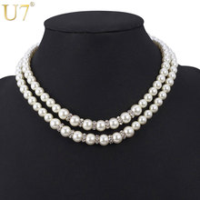 U7 collares gargantilla mujeres joyería de la boda de moda multi-capa de diamantes de imitación negro/blanco perla simulada collares N342 2024 - compra barato