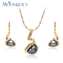 MOONROCY Free Shipping Zirconia Rose Gold Color Austrian Crystal Imitation Pearl Jewelry Set Necklaceand Earring women's gift 2024 - buy cheap