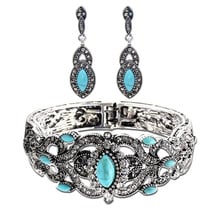 Ethnic Turkish Women Green Stone Earrings Bangle Cuff Jewelry Sets Antique Silver Color Hollow Flower Drop Earring Bracelet Sets 2024 - buy cheap