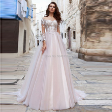 Princesa vestido de noiva linha com mangas compridas, romântico, apliques florais, vestido de noiva longo de tule, 2021 2024 - compre barato