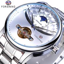 Forsining relógio masculino mecânico, automático, pulseira de aço inoxidável, relógio de sol, lua, em branco, negócios 2024 - compre barato