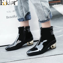 Eokkar 2020 Square Toe Ankle Boots Women Thick Heels Patent Leather Winter Shoes Zipper Gold Heels Black Boots Plus Size 34-45 2024 - buy cheap