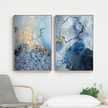 Abstract Flowing Golden Blue Canvas Painting Luxurious Posters Prints Art Wall Pictures for Living Room Decor Tableau Decoration 2024 - buy cheap