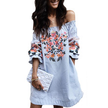 Women Dress Summer 2018 Fashion Off Shoulder Floral Slash Neck Mini Dresses Boho Loose Long Sleeve Dress Summer Beach Vestidos 2024 - buy cheap