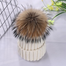 Women's Hats 15cm Big Hairball Natural Fox  Fur Pompom Buckle Knitted Hat Winter Warm Woolen Beanies For Women Adult Children 2024 - buy cheap