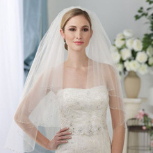 Véu de noiva com duas camadas, 75cm de comprimento, com pente, branco marfim, tulle, para festa de casamento, borda com contas 2024 - compre barato