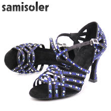 Samisoler dress shoes woman zapatos de baile Latina mujer black satin dark blue rhinestones ladies salsa party ballroom 2024 - buy cheap