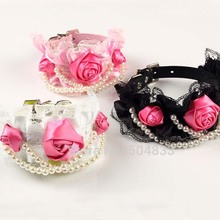 3 Flowers Lace Dog Collar Luxury Pearls Cat Pets Collar Pu Leather Black Pink White S M 2024 - buy cheap