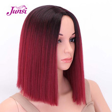 Junsi peruca curta de cabelo sintético, peruca de cabelo liso preto e vermelho bob sintético para mulheres, peruca de cabelo de alta temperatura com ombré 2024 - compre barato