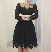 Lace Hollow Out Lace Embroidery Solid Ball Gown Vintage O-Neck Fashion Elegant Korean Women Dress Slim Cute Clothes 2024 - buy cheap