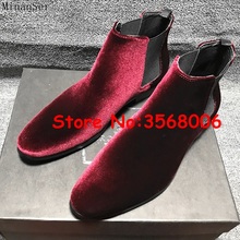 Wine Red Black Velvet Pointed Toe Man European Designer Ankle Boots Short Ankle Booties Slip-on Party Dress Shoes Chelsea Boots 2024 - buy cheap