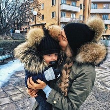 Gorros de moda para padres e hijos, gorro de invierno con pompón, doble Bola de piel, cálido, de punto, para recién nacidos 2024 - compra barato