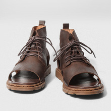 Recomendado! Sandálias masculinas de couro genuíno estilo romano, sandálias gladiadoras com vazamento alto, sapatos casuais de verão 2024 - compre barato