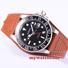 Мужские автоматические часы 40 мм Parnis с черным циферблатом, кожаным ремешком, сапфировым стеклом GMT 381 2024 - купить недорого